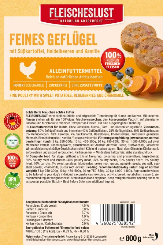 Feines Geflügel mit Karotten, Süßkartoffel und Kamille 800g